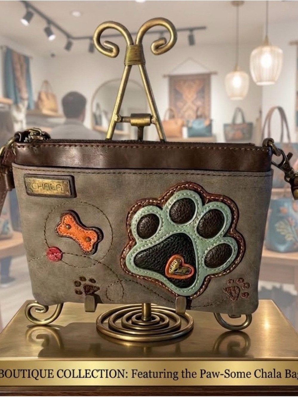 Chala Brown Crossbody with Mint Paw Applique EUC
